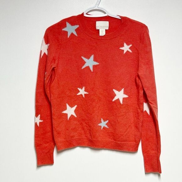 Cynthia Rowley 2-Ply Cashmere Crew Neck Orangey Pink Star Detail Sweater Sz L - Picture 1 of 3